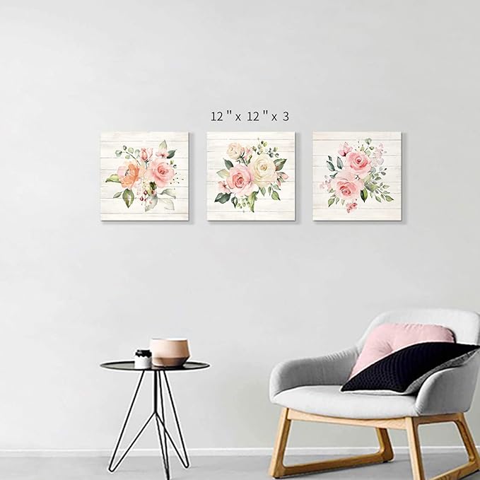 Pink Floral Canvas Wall Art: Roses Flowers Bouquet Pictures Artwork for Kitchen Bathrooms (12"x12"x3pcs)