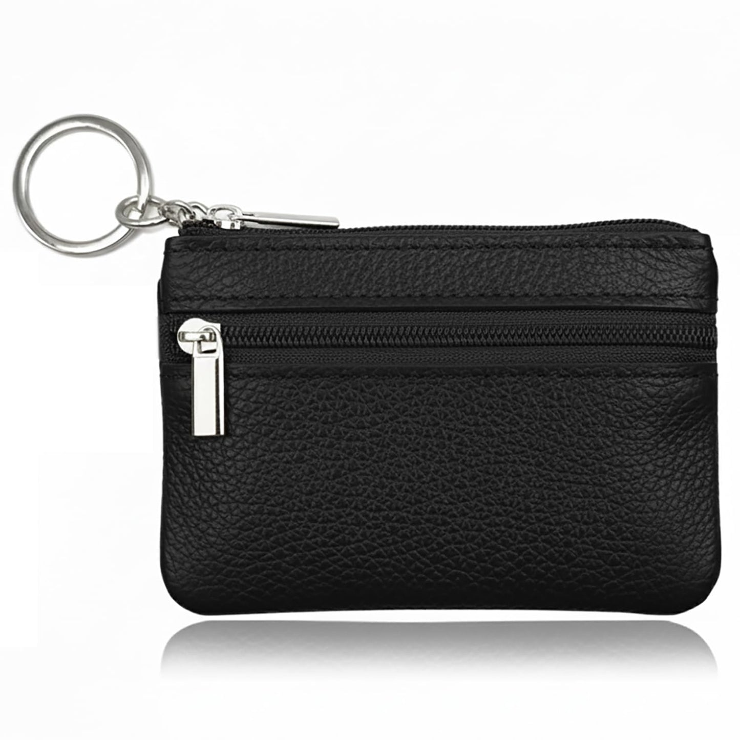 Hibate Black Small Mini Size Leather Coin Purse Change Pouch for Women Men Kids with Zip Key Ring