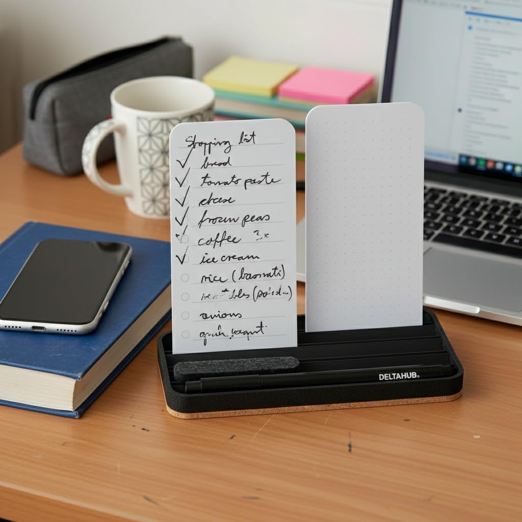 DeltaHub Reusable To-Do List for Desk - Dry Erase Daily Planner with 2 Cards, Marker & Eraser - Minimalist Desktop Organizer for Office, Work from Home - Analog Productivity Tool (Black)