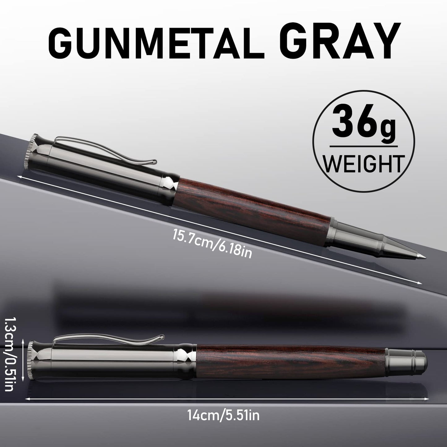 WEMATE Wood Rollerball Pen Set, Extra 2 Ink Refills(1 Black & 1 Blue), Fancy Writing Pen Nice Luxury Office Gift for Men, Professional, Executive, Cool Wooden Pen for Journaling - Black Oak