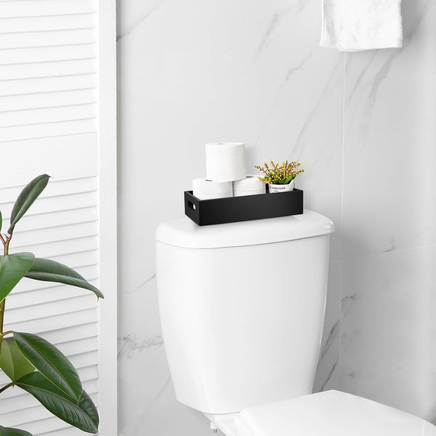 ALELION Black Bathroom Basket - Wooden Toilet Tank Paper Basket with Handle for Organizing - Back of Toilet Storage Organizer for Bathroom Tank Topper Counter - Black Bathroom Decor Box