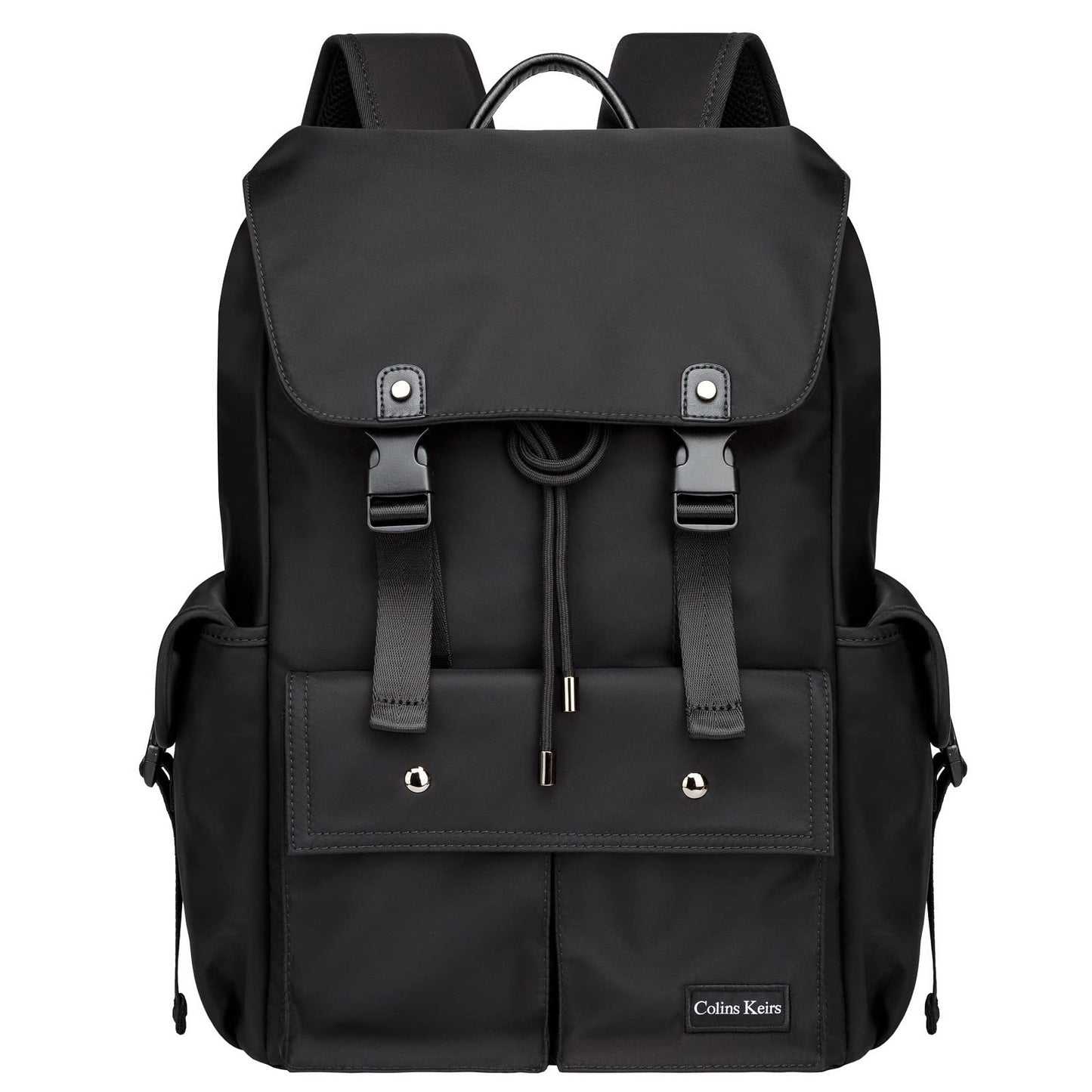 Colins Keirs Black Backpack for Men, 16 Inch Laptop Backpack with Computer Compartment, Slim Waterproof Drawstring Tech Backpack for Travel, Work, College & Daily Use