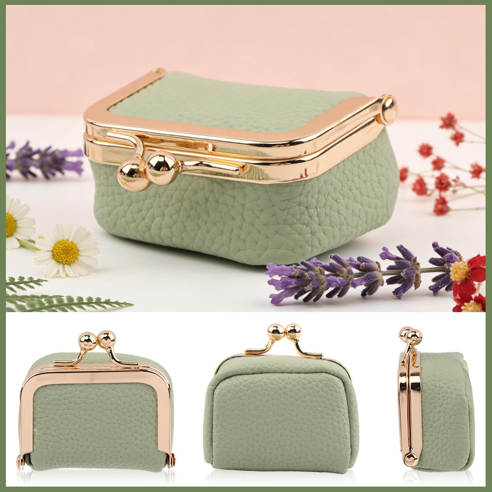 Genuine Leather Mini Jewelry Box with Kiss Lock, Portable Travel Jewelry Case Coin Purse for for Rings, Earrings, Pendants, Necklaces, Small Organizer Box for Girls Women(Green)