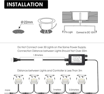 Low Voltage LED Deck Light Kit Stainless Steel Waterproof Recessed Wood Decking Stairs Garden Yard Patio Decor Lamp Outdoor LED Lighting (Cool White, 30pcs)