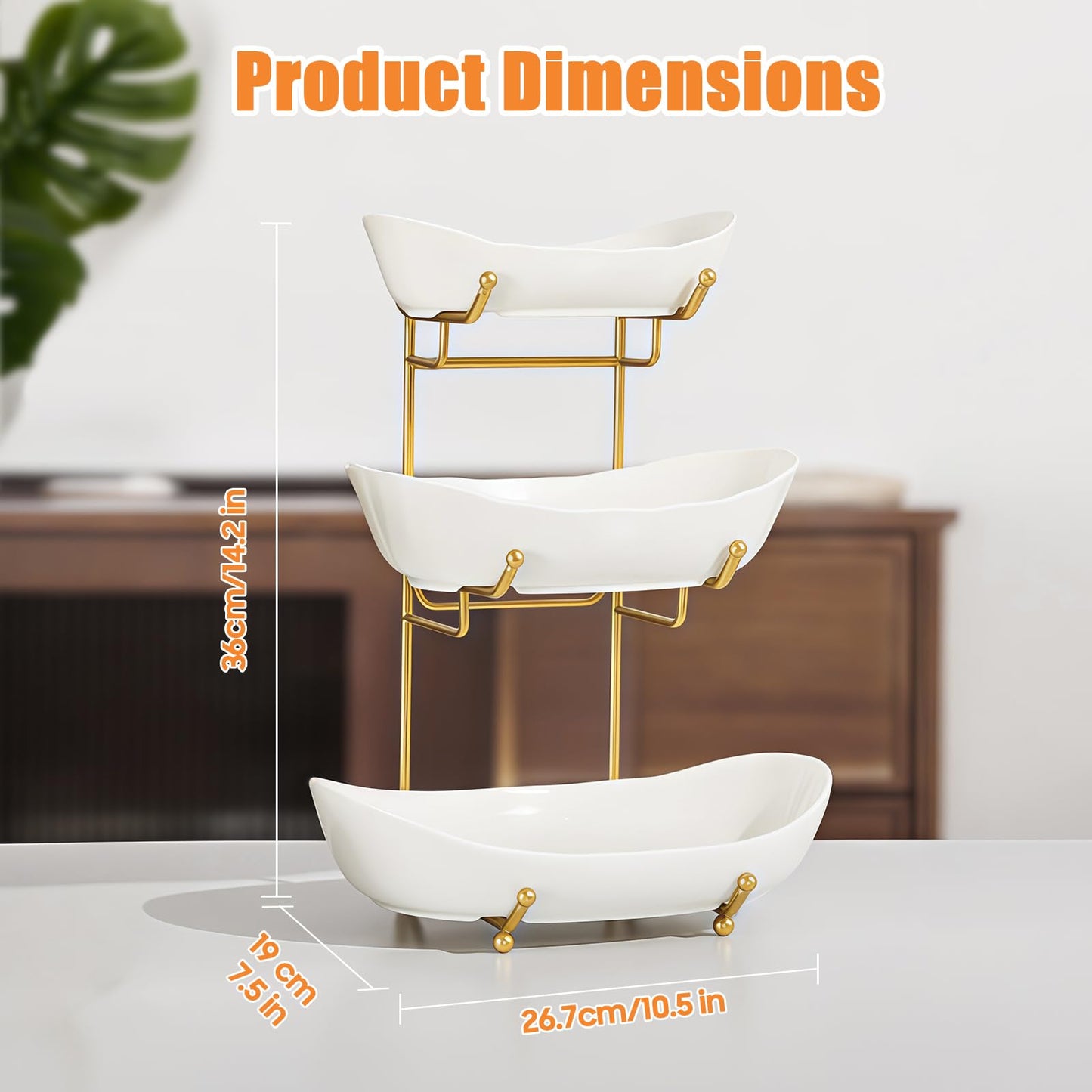 HOMKULA Ceramic Fruit Bowl for Kitchen Counter - 3 Tier Fruit Basket with Metal Stand, Tiered Fruit Stand for Countertop, Snack, Nuts, Cake, Dessert, Cute (Gold, Small) 1