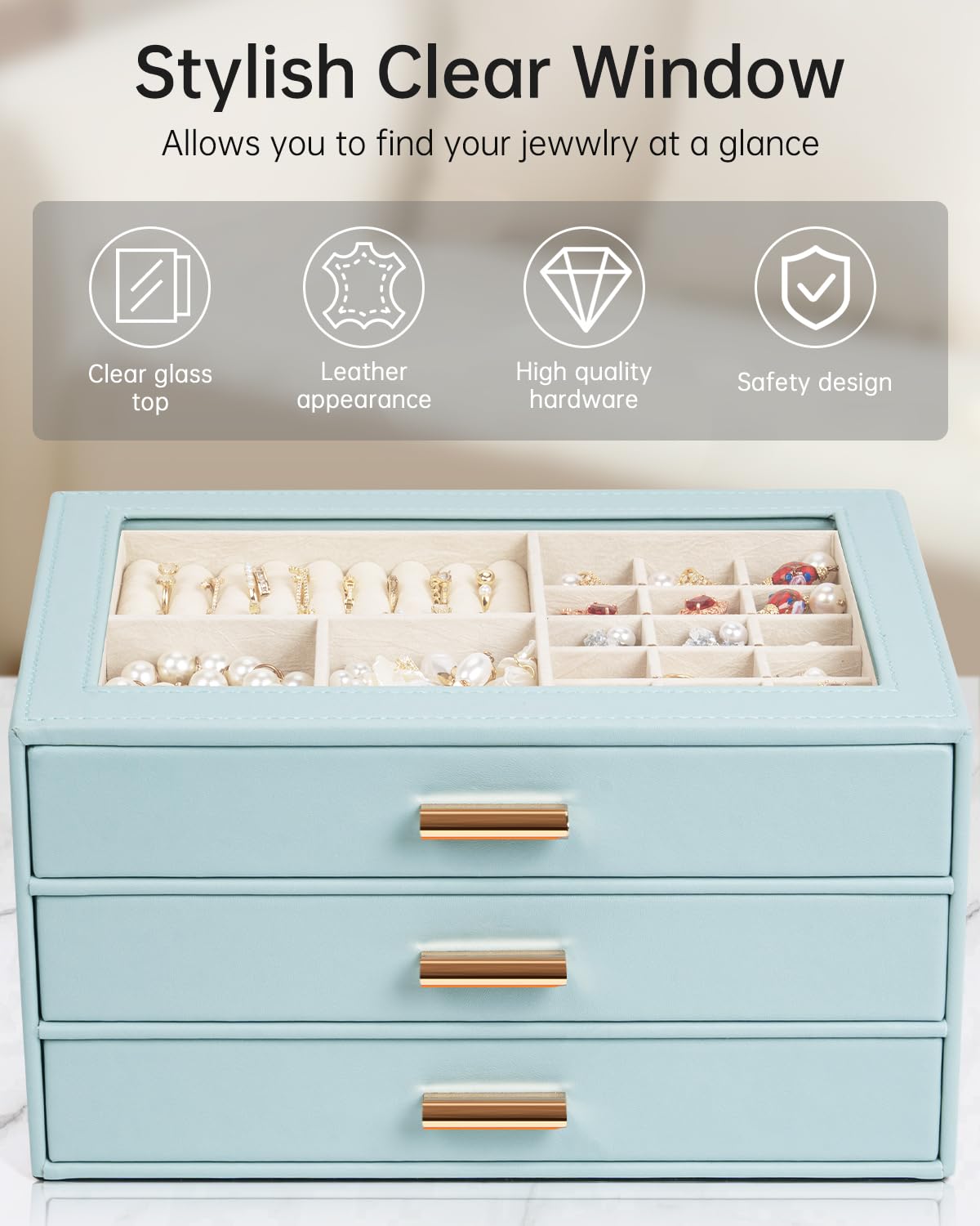 AKOZLIN Jewelry Box with Clear Lid Functional Leather Jewelry Storage Organizer Case 3 Drawers for Women Girls Necklace Ring Bracelet Earring