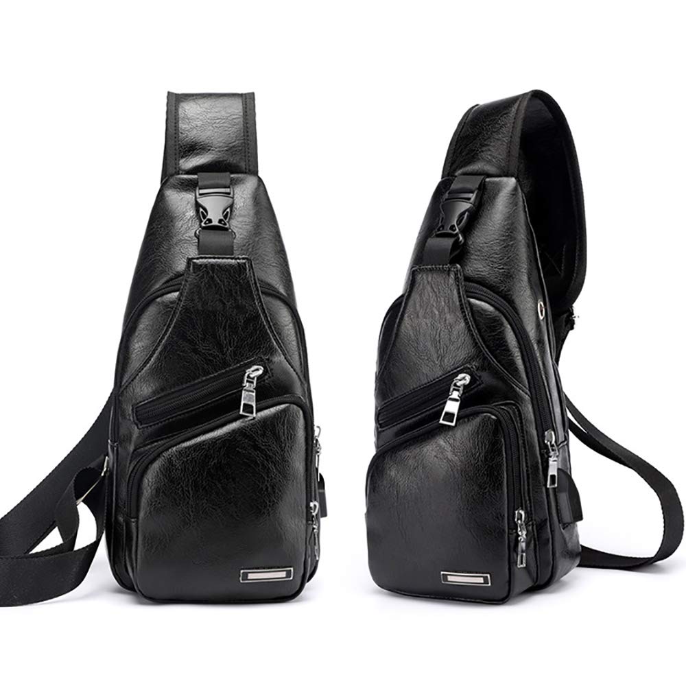 Peicees Leather Sling Bag Mens Crossbody Chest Bag Sling Backpack with USB Charge Port