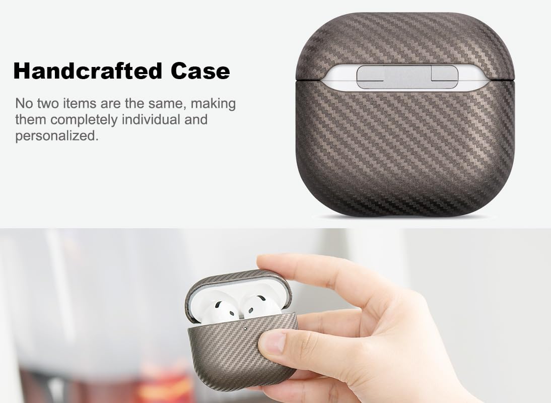 Haobobro Leather Case for AirPods 4 / AirPods 4 with Active Noise Cancellation Case Cover - Selected Skin-Friendly Leather, Carbon Fibre Texture, Handmade Drop Protective Hard Cover - Desert Titanium