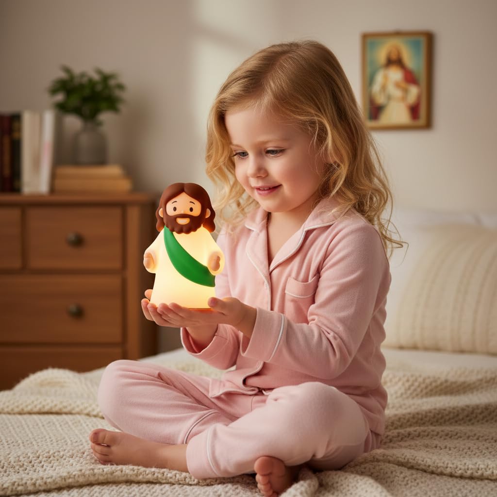 magical JD Little Jesus Night Light, Mini Silicone Jesus Lamp, Dimmable Rechargeable Touch Bedside Lamp for Nursery & Kids, Ideal Religious Gift for Christmas, Easter and Baptism (Green)