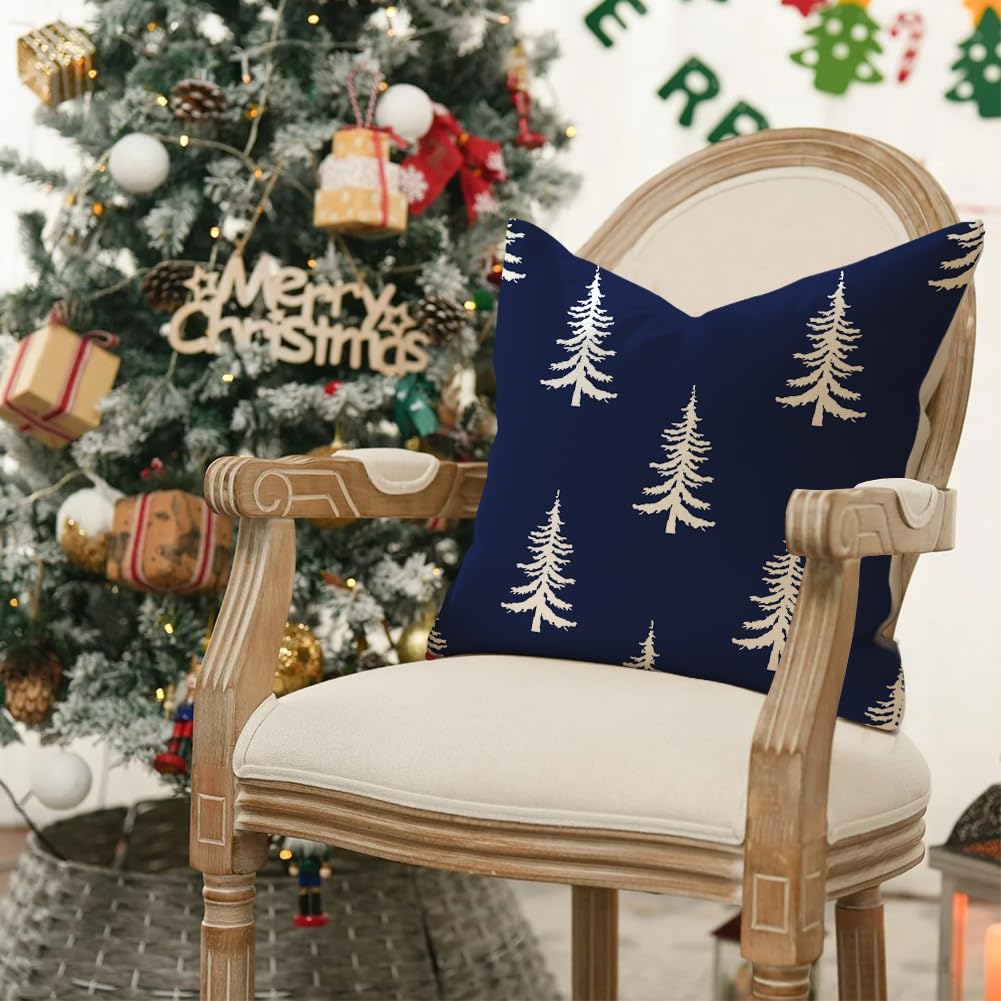 RABUSOFA Christmas Pillow Covers 18x18 inch Set of 2 Indoor Outdoor Waterproof Christmas Decor Tree Decorative Throw Cushion Cases Winter Xmas Holiday Decoration for Couch Patio Dark Blue