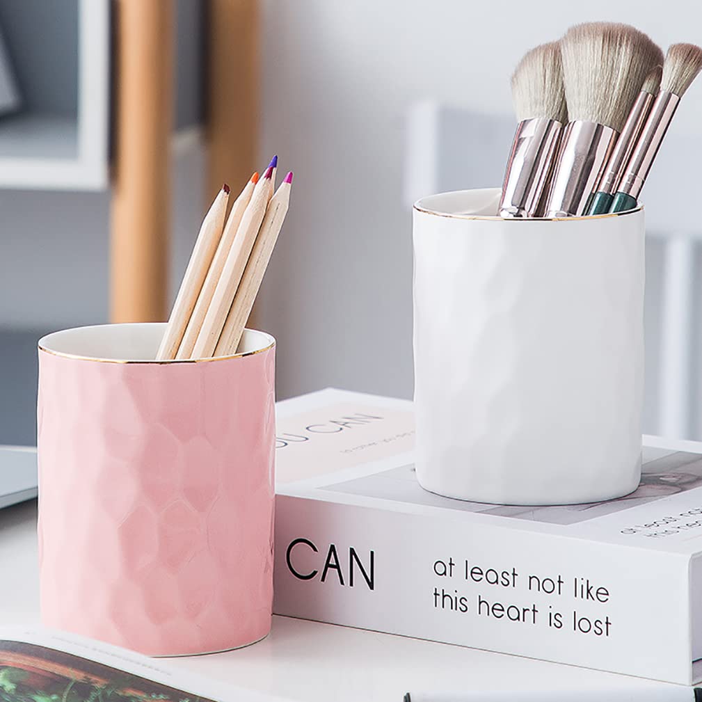 Aewill Ceramic Pen Holder Stand Cup Pencil Holder Organizer Makeup Brush Holders for Home Office Desk (White)