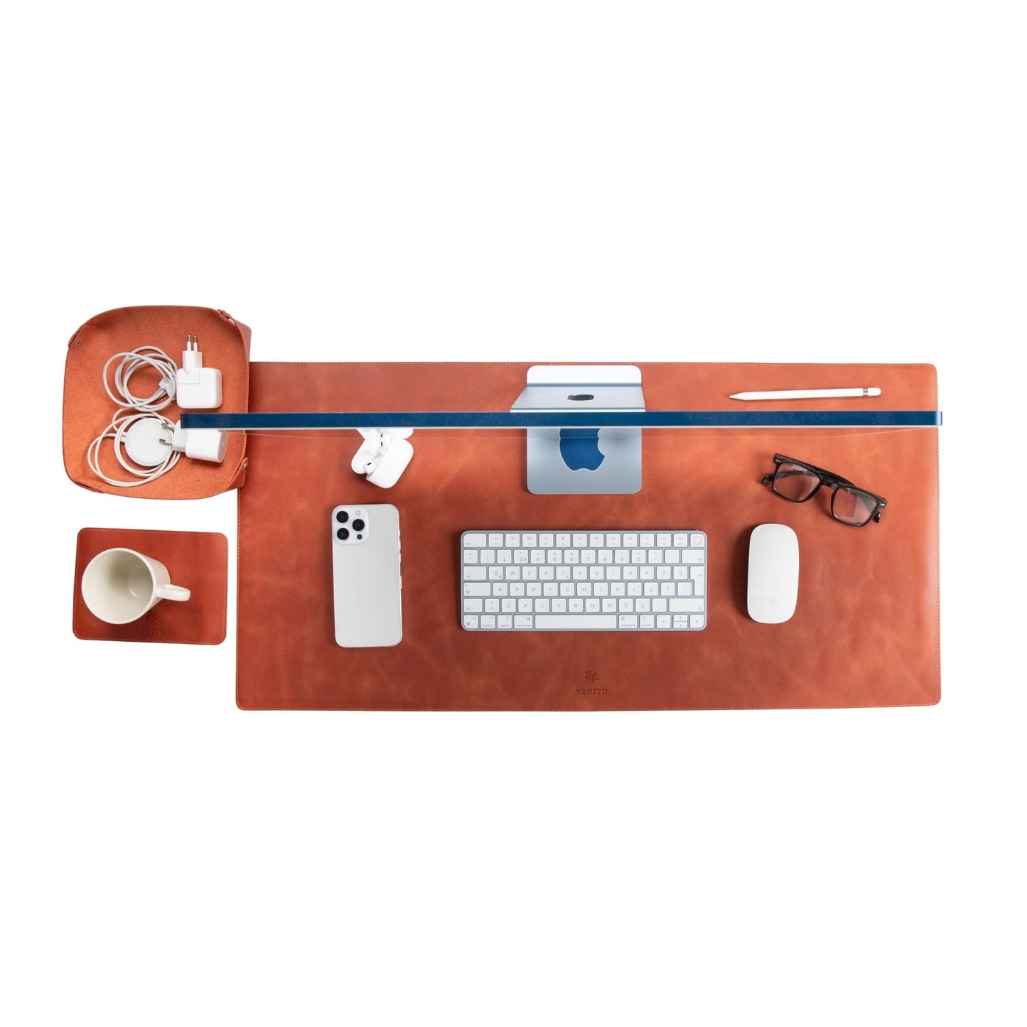 VENITO Leather 3-in-1 Desk Mat Set – Desk Mat (32"x16"), Organizer Tray & Cup Coaster – Full-Grain Leather Desk Pad for Office & Home – Elegant Workspace Accessories for Men & Women, Cinnamon