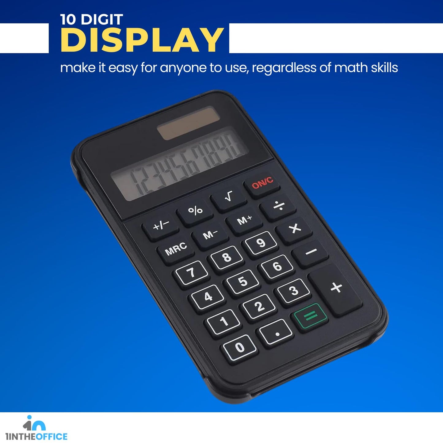 1InTheOffice 10 Digit Pocket Calculator, Dual Powered Handheld (Solar and Battery), Black, 1 Pack