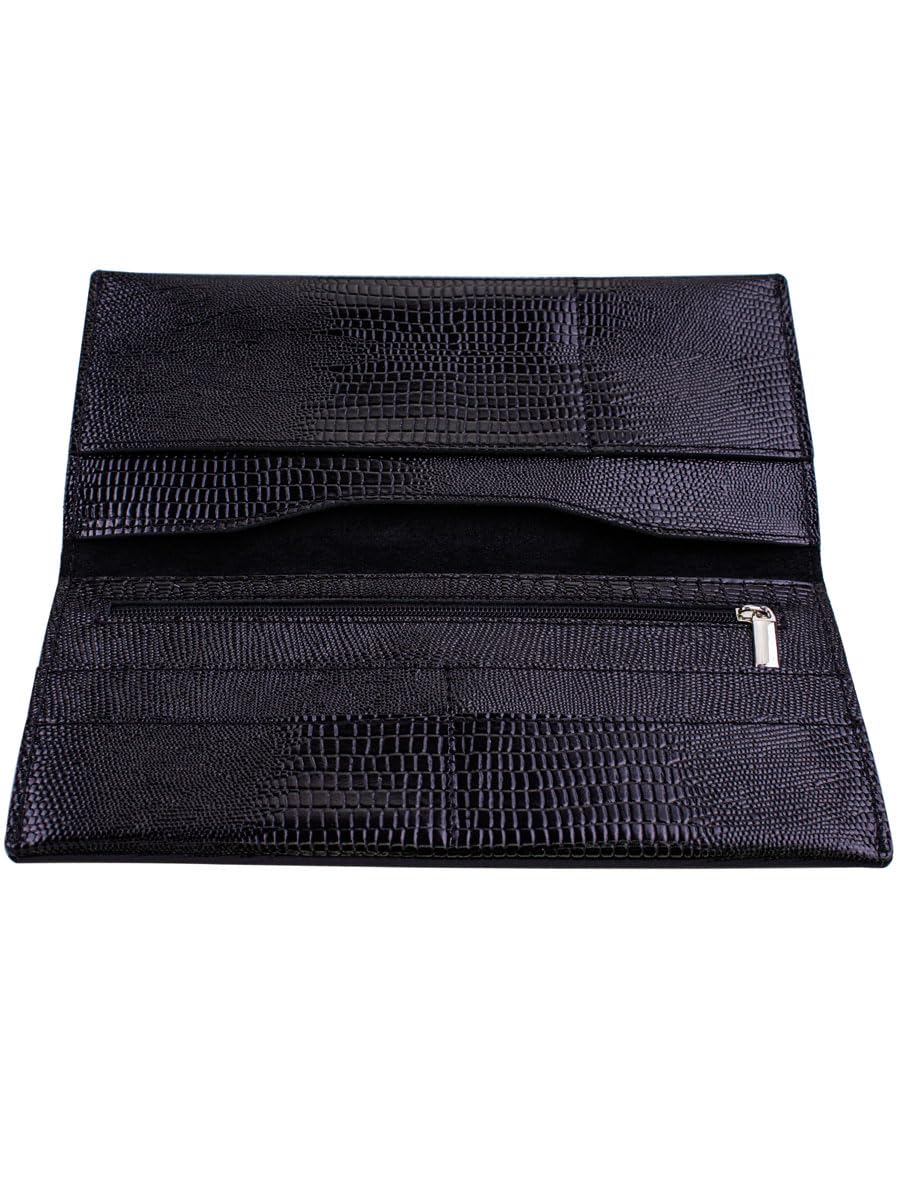 Genuine leather banknote wallet Travel black lizard (leather, durable stitching, folds in half, holds 4 cards, coin pocket, flat banknote compartment)