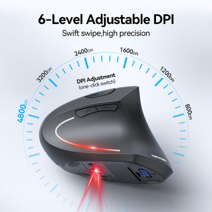 TECKNET Ergonomic Mouse, Wireless Bluetooth Vertical Mouse, 4800 DPI Optical Tracking, 6 Adjustable DPI, Quiet Clicks, 2.4GHz with USB A Receiver, 12 Months Battery, 6 Buttons, Wide Compatibility