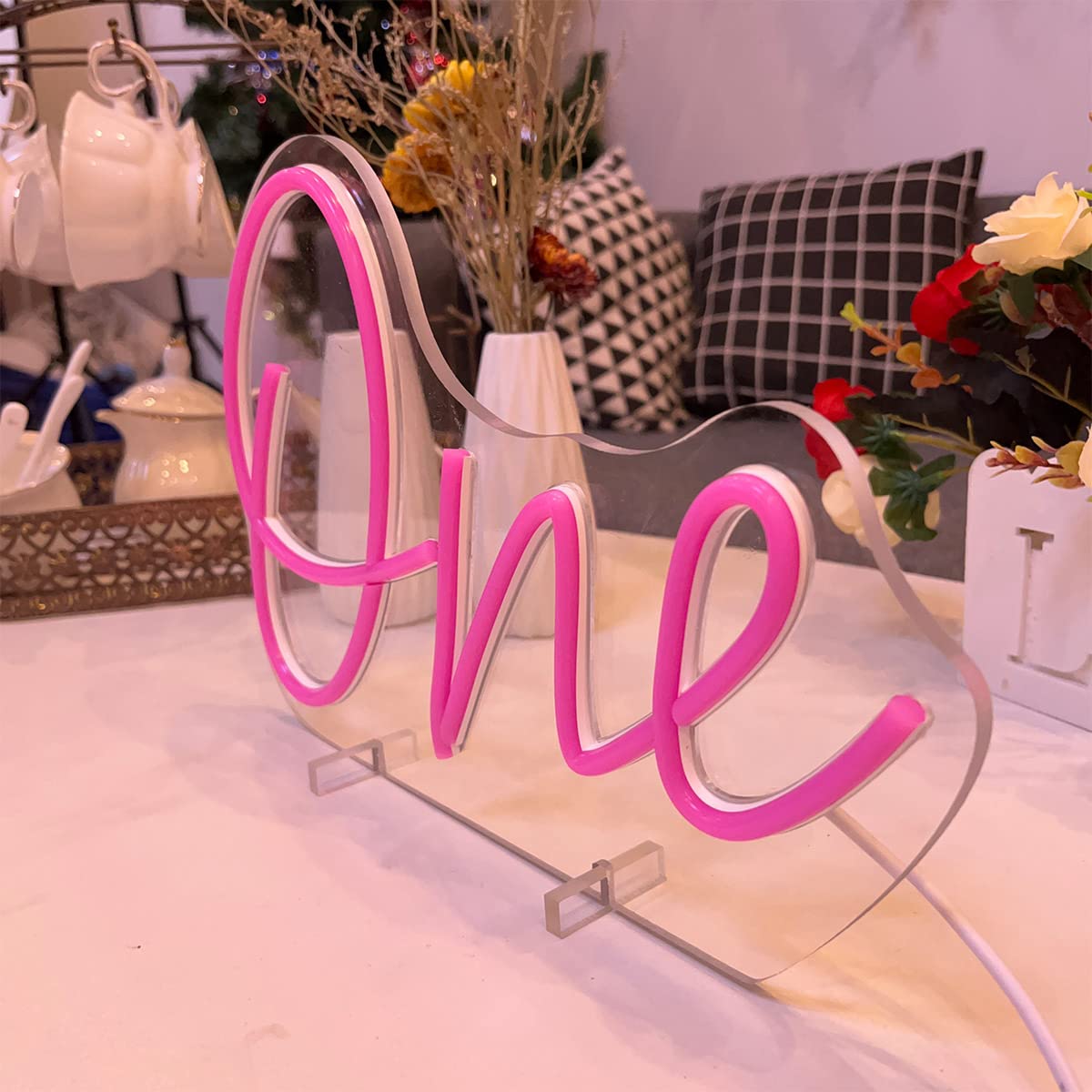 One Baby Birthday Neon Sign Table Number,Desk Lamp Night Light LED Neon Sign Custom Number Letter Sign Wedding Table Decorations Neon Light Bedroom Home Room Decor Christmas Party Pink USB 28.8×19.6CM