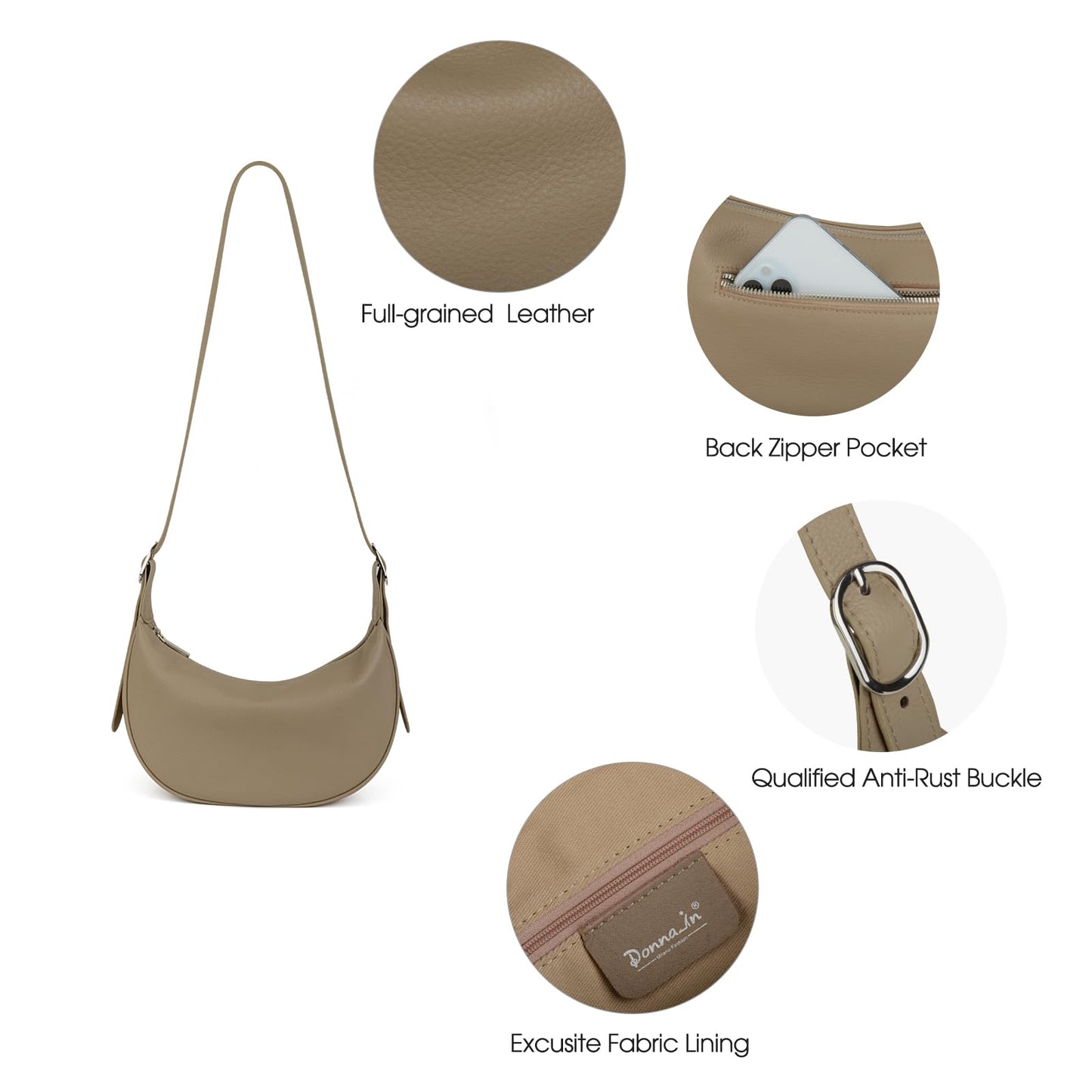 DONNAIN Casual Soft Leather Hobo Bags Women Crossbody, Trendy Crescent Shoulder Bag and Mini Purse (New Khaki, Small)
