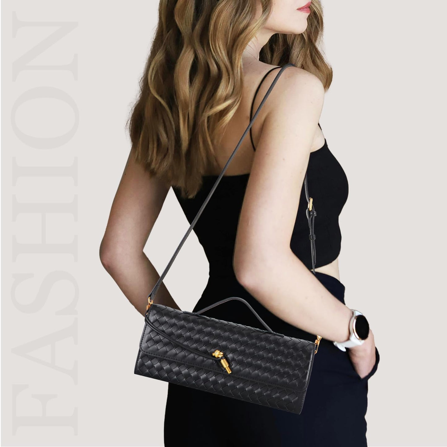 EGCUQ Pu Leather Woven Bag Purse,Black Clutch, Woven Evening Bag For Women 11.8" x 1.7" x 4.9" (Black)