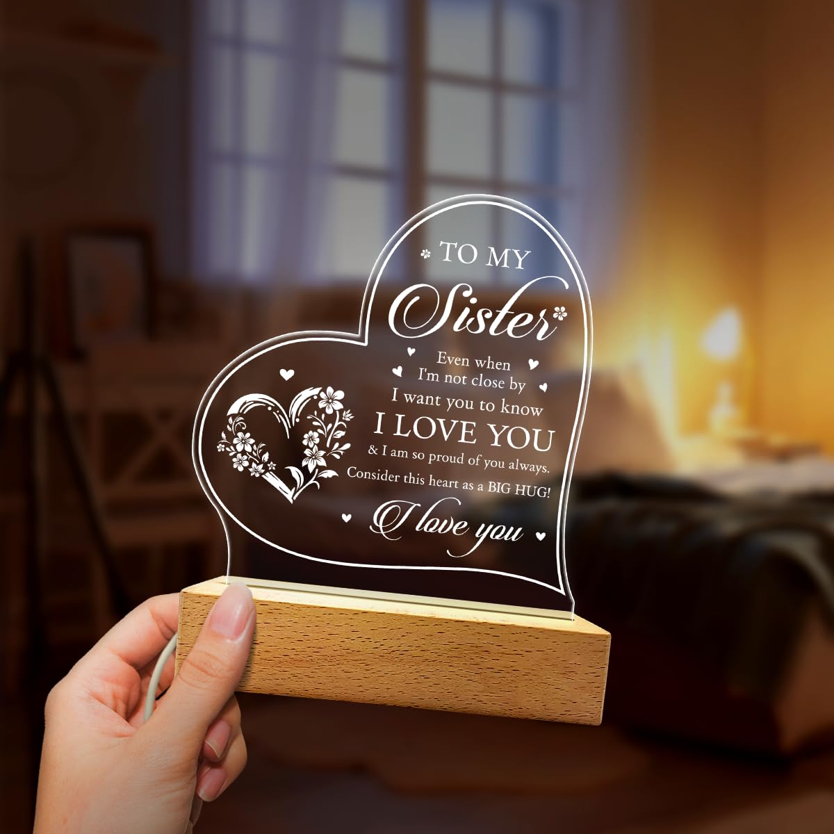 SANDJEST Acrylic Night Light - Thoughtful Gift for Sister or Brother - Long Distance Lamp for Birthday or Christmas