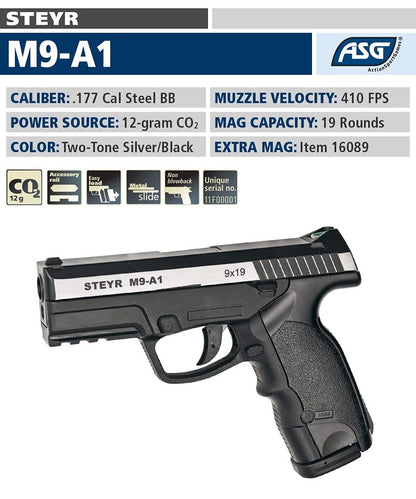 ASG Steyr M9-A1 .177 Caliber Steel BB Gun Non-Blowback Air Pistol, Silver/Black