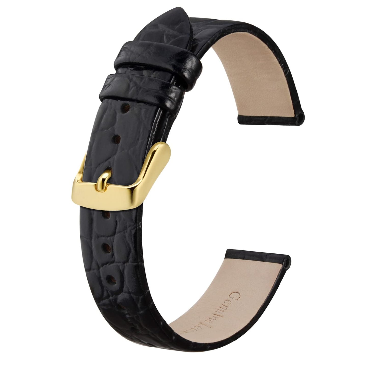 BISONSTRAP Watch Straps for Women, Crocodile Pattern Leather Thin Watch Replacement Bands,8mm, Black with Gold Buckle