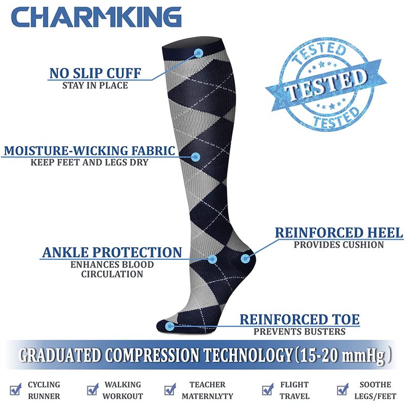 CHARMKING Compression Socks for Women & Men (8 Pairs) 15-20 mmHg Graduated Copper Support Calf Socks are Best for Pregnant, Nurses - Boost Performance, Circulation, Knee High Wide Calf(S/M, Multi 18)