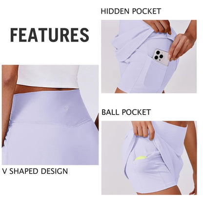 PINSPARK Tennis Skirts for Women Tummy Control Golf Skorts A Line Athletic Skirts with Shorts 2 Pockets, B White XL