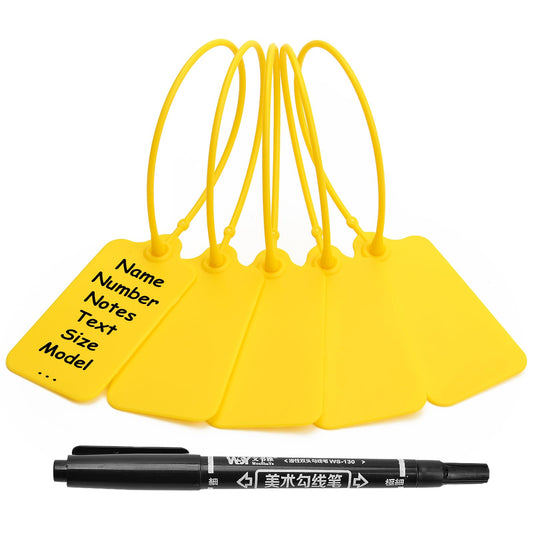 100 Yellow Blank Plastic Tags for Labeling Waterproof Hanging Labels Writable Tags Seal Plastic Marking Label for Clothes Bags Keys Inventory with One Marker Pen
