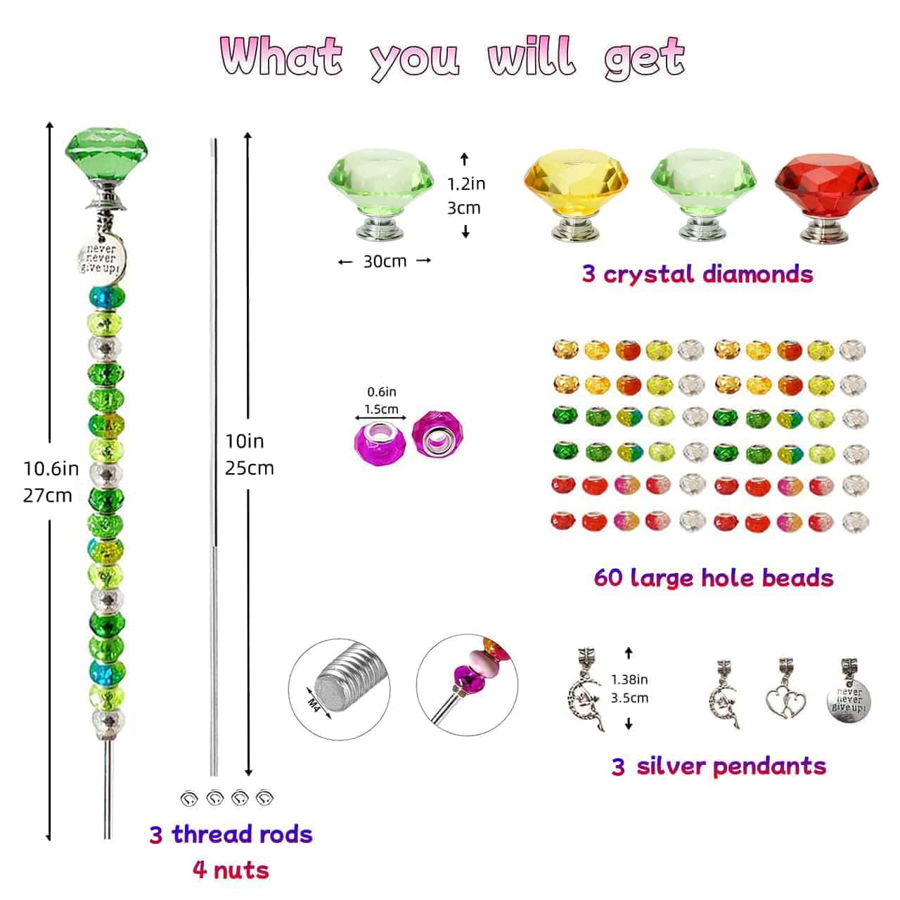 ZSlactp 72Pcs Beaded Garden Stakes Kit - DIY Fairy Wand Garden Stake Beads Kit, Fairy Garden Accessories Outdoor for Different Festivals, Garden Stake Decorative Diamond-(Red+Green+Yellow)