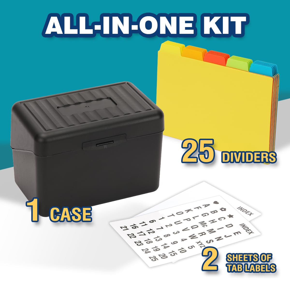 H4D Index Card Holder 4x6 Inches with 25 Plastic Dividers, Black