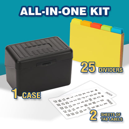 H4D Index Card Holder 4x6 Inches with 25 Plastic Dividers, Black