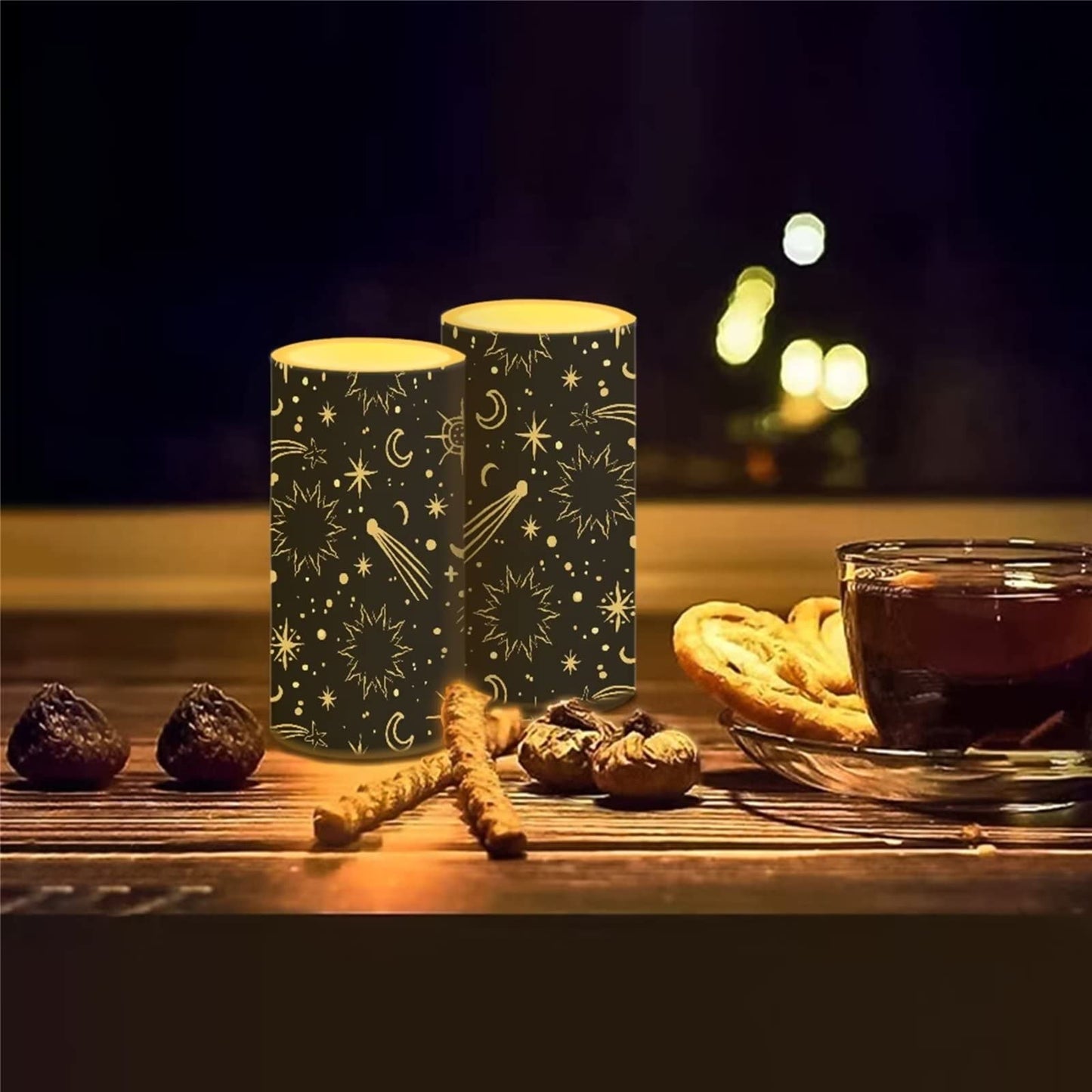 Cozeyat Star Moon Print Flickering Electric Tealights for Indoor Outdoor Decor,2 Pieces Flameless Votive Tea Lights,Real Wax Pillar LED Candles Battery Operated,Waterproof
