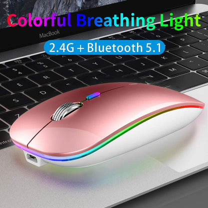 TENMOS Wireless Bluetooth Mouse, LED Slim (Bluetooth 5.1/5.0 + USB) 2.4GHz Rechargeable Silent Bluetooth Wireless Mouse with Type C Adapter for Laptop/MacBook/iPad OS 13 and Above (Matte Black)