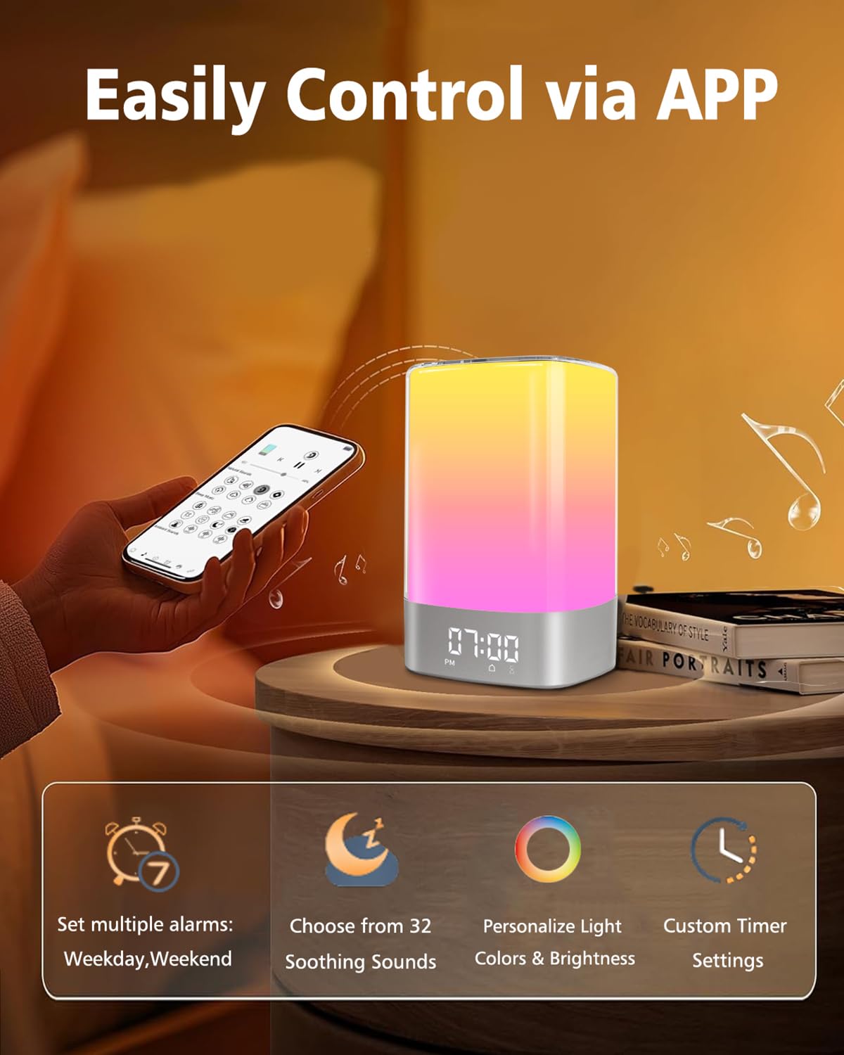 Sound Machine White Noise Machine with 32 Soothing Sounds, Bluetooth Speaker Alarm Clocks for Bedrooms with Wake up Light, Night Light for Kids, App Control Birthday Gifts for Teenage Girls Boys Women