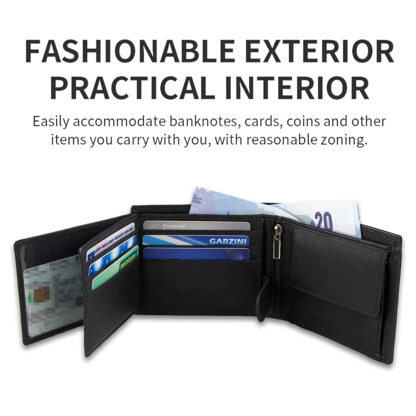 KAIDUCHKDC Mens Trifold Wallet with 3 ID Window & 15+ Card Slots, PU Leather Bifold Wallet for Men, Multi-Card Holder with Double Stitched for Business Travel, Black