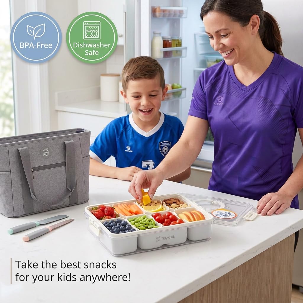 Tidy Club Dishwasher Safe Snackle Box 8 Removable Compartments - Premium PCTG Plastic - Divided Serving Tray with Lid and Handle - Beach Snack Containers - BPA Free - Airplane Snack Container
