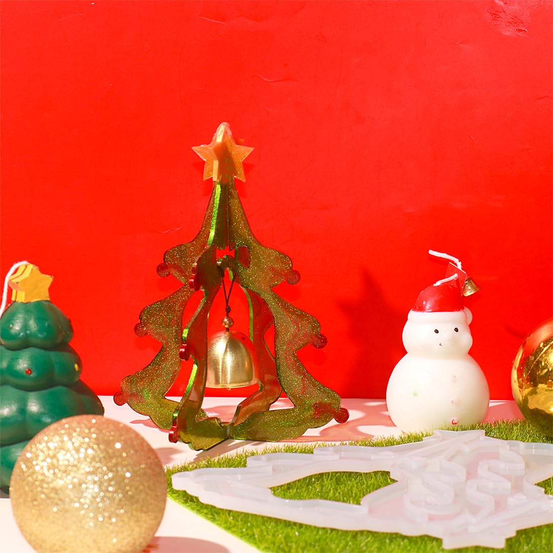 Voyyphixa 3D Christmas Tree Resin Mold with Bells Splicing Tree with Topper Star Silicone Molds for Epoxy Resin Xmas Ornaments Art Resin Casting Mold DIY Home Decoration Pendant Crafts Gift