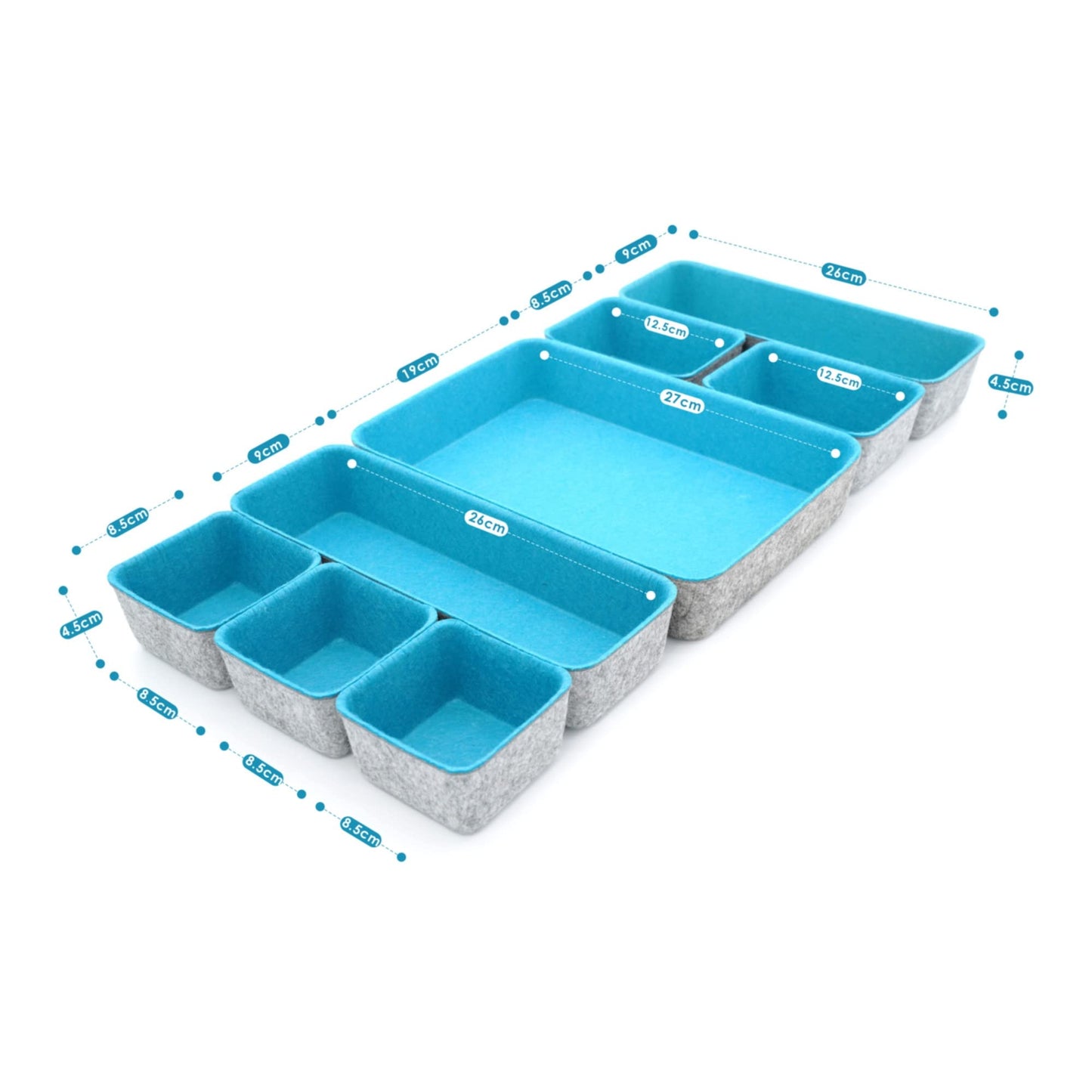 Welaxy desk drawer organizer tray felt storage bin for home office entryway catchall key holder makeup crafts pens decluttering 8-piece gift Solution (Turquoise)