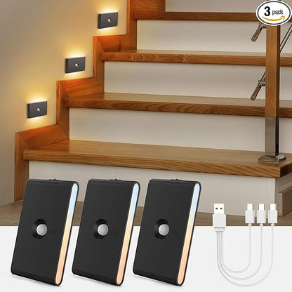 wowatt Rechargeable Motion Sensor Stair Light, Black Night Lights with Magnetic Mount, Dimmable Stair Lights Indoor for Stairway, Hallway, Kitchen, Bathroom(3 Packs)