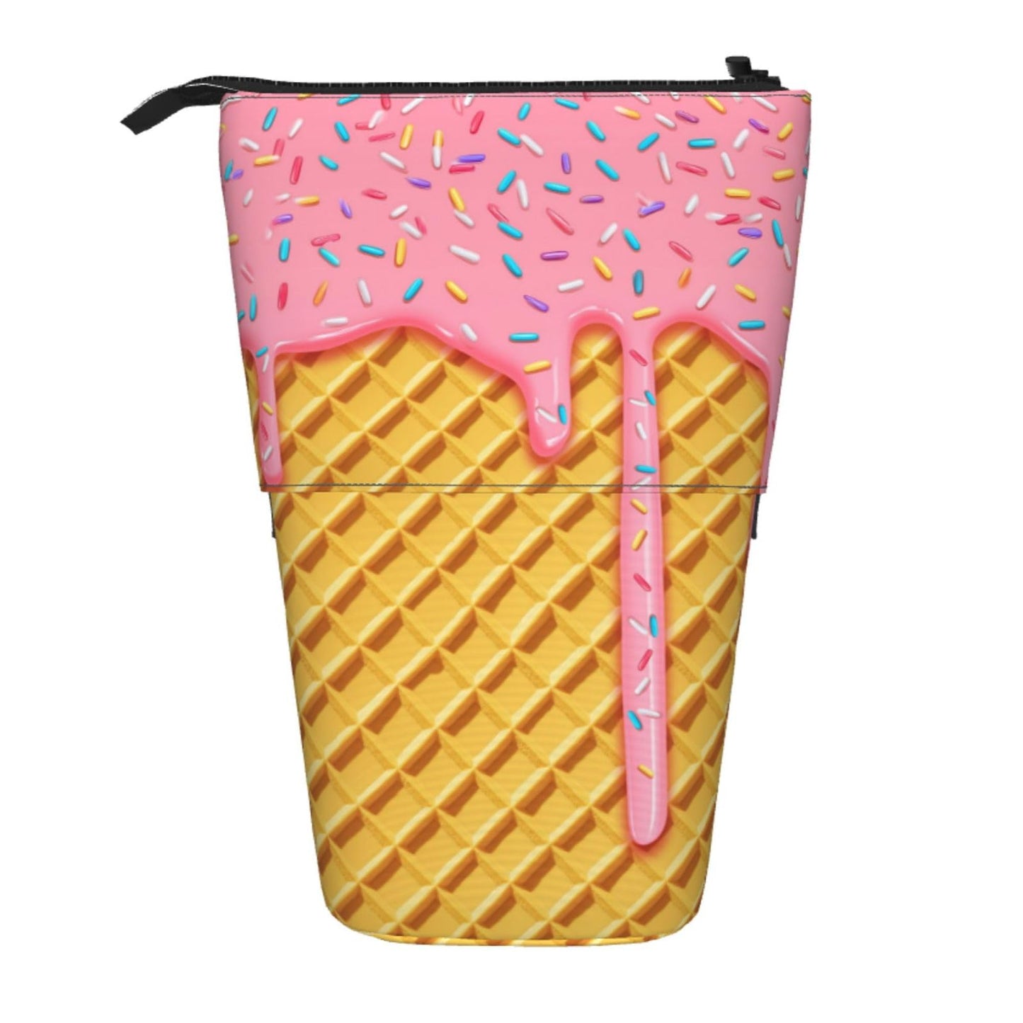 Tezmd Ice Cream Kids Standing Pencil Case Girls Boys Telescopic Stationary Pouch with Zipper Large Capacity Stand up Pen Bag Portable Makeup Holder for Children School Students Office Supplies