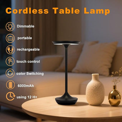 Rechargeable Cordless Table Lamp,Portable Outdoor Battery Operated LED Table Light Touch Control 3 Color Dimmable for Bedroom, Patio, Cofee,Dining Home,Restaurant&Living Room-Black