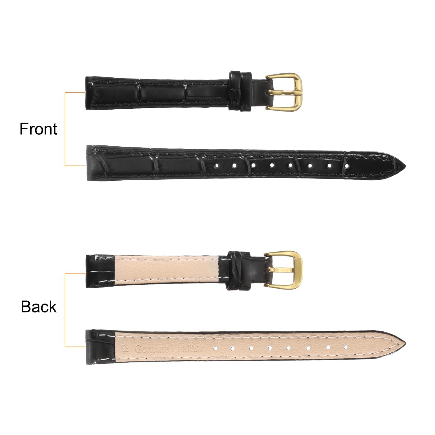 uxcell Leather Watch Band 12mm Embossed Pattern Cowhide Watch Strap Replacement with Spring Bars for Men and Women, Black Gold