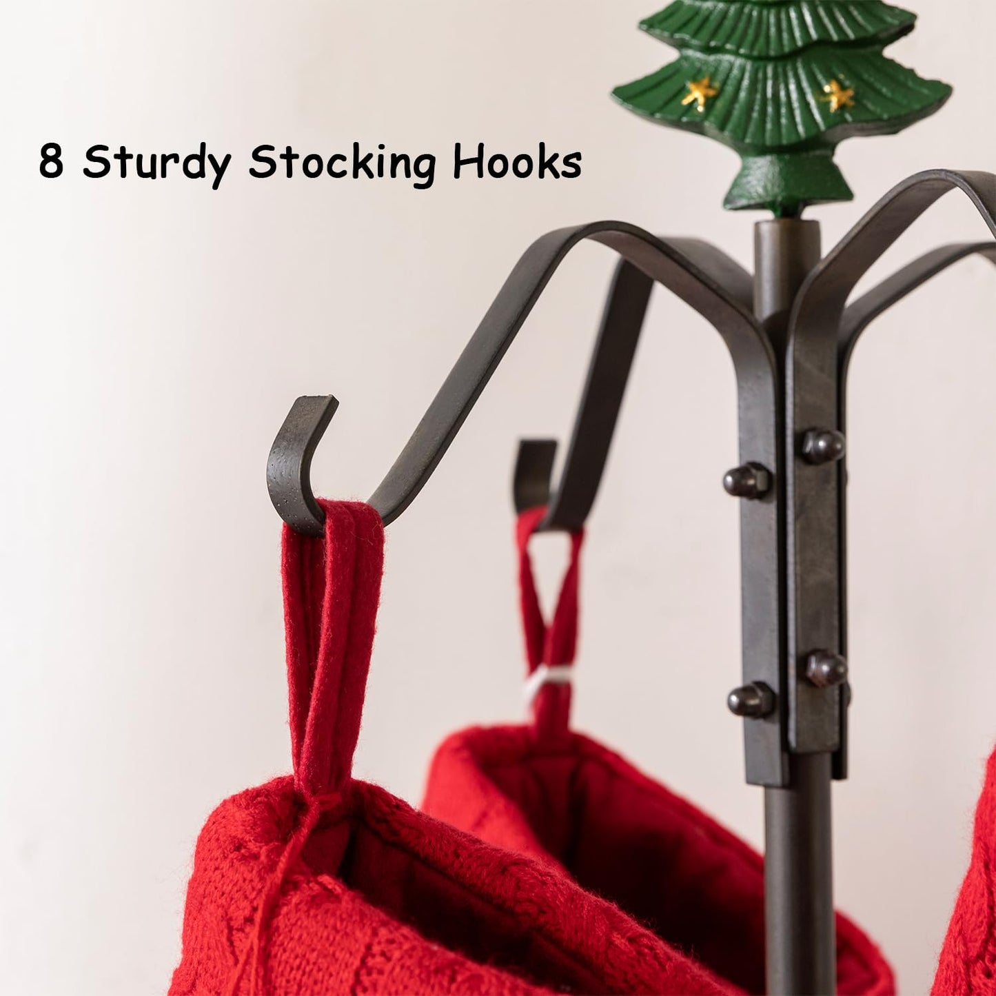 CaliDecor 67" H Freestanding Stocking Holder Stand, Christmas Metal Stocking Hanger for Floor with 8 Hooks, Stocking Stand with Cast Iron Christmas Tree Top for Holiday Decor