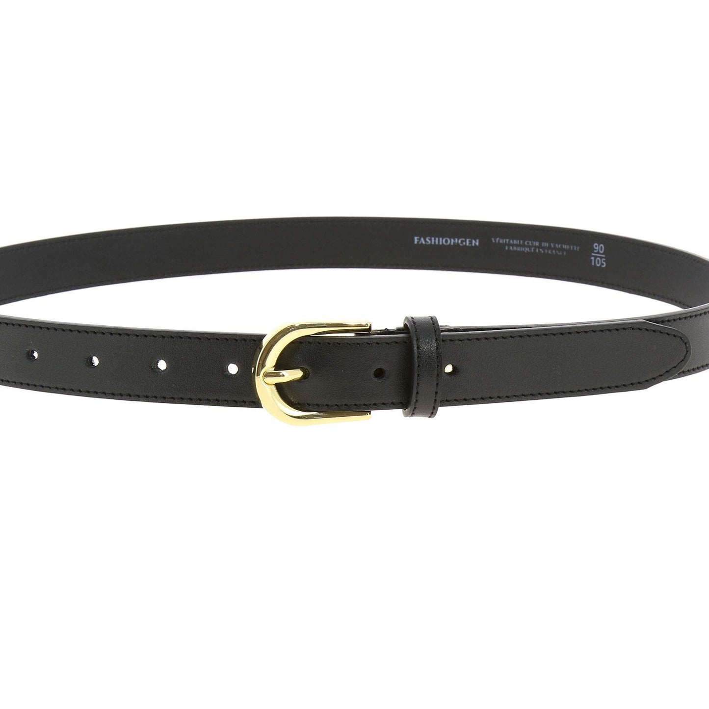 FASHIONGEN - Women genuine Italian leather belt LUNA, Made in France - Black (Golden buckle), 80 cm (31 in) / Waist size 29 to 30