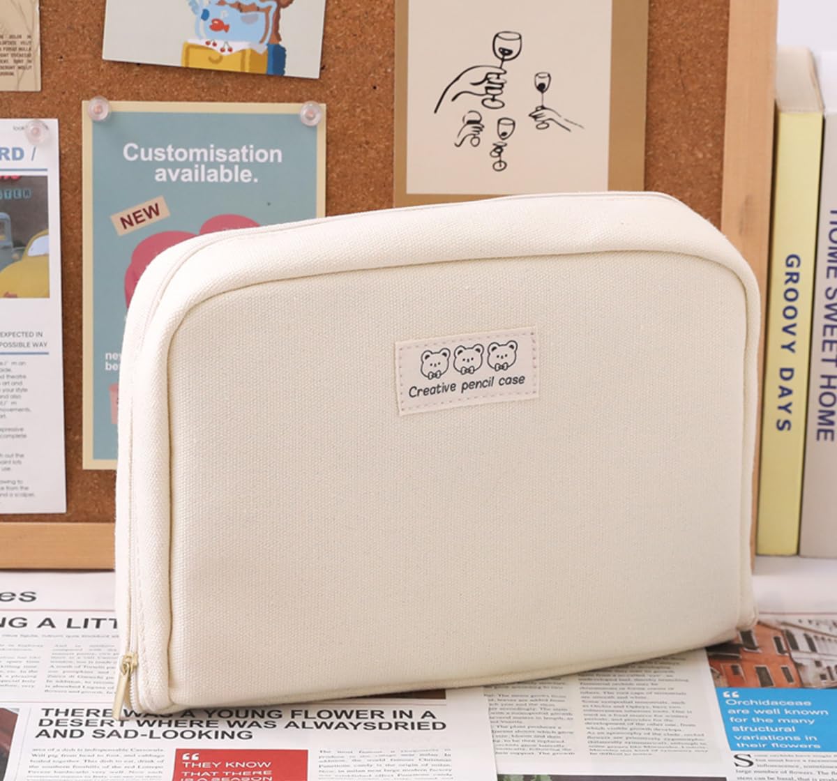 Fcteap Pencil Case Pouch Box Cute Kawaii Large Capacity Aesthetic Zipper Pen Holder Organizer Bag for Office Workspace Supplies Desk Accessories Travel (Off-White)