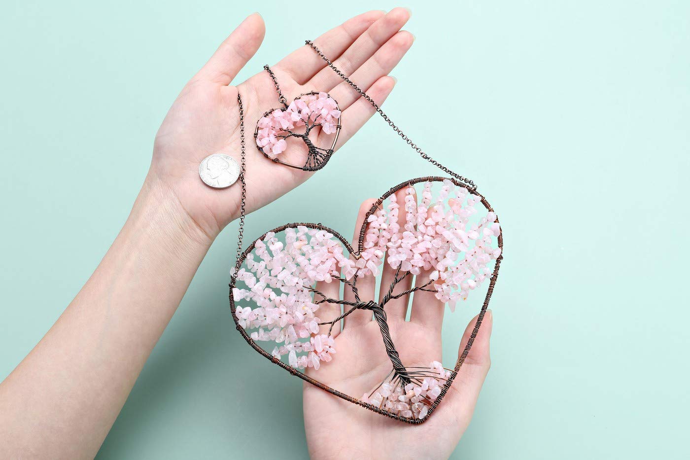 PESOENTH Rose Quartz Crystal Tree of Life Heart Wall Hanging Decor Gifts for Women,Bohemian Pink Healing Crystals Reiki Stones Ornaments Spiritual Gifts Christmas Tree Home Hanging Decorations