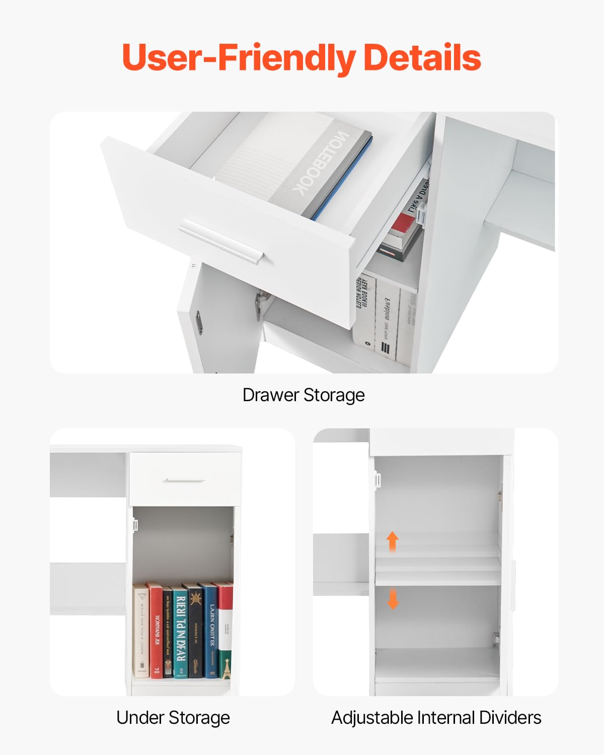 VEVOR Small Desk with Drawer, Kids Desk for Bedroom, Wooden Simple Study Table for Drawing, Reading, Writing, Rectangle MDF Study Storage Table with Adjustable Shelf for Home, Office, White