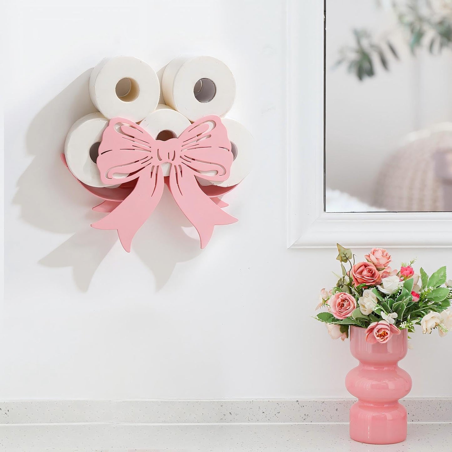 Geelin Bow Metal Toilet Paper Storage Holder Wedding Bow Bathroom Decor 8 Rolls Decorative Toilets Paper Holder Wall Mounted for Bathroom Kitchen Bedroom Coquette Home Decor(Light Pink)