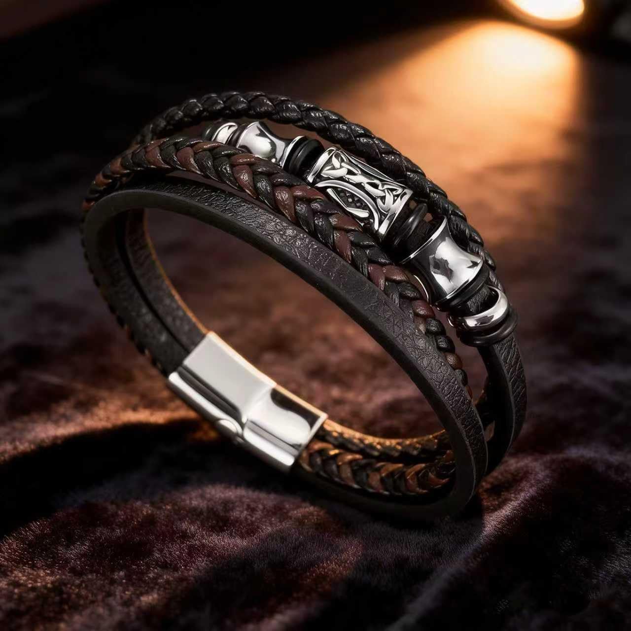 Kim Carrey Italian Handmade Genuine Leather Bracelets for Men Stainless Steel Clip, Men's Casual Genuine Multi-layer Cuff Bracelet, Bracelet Gift for Real Men (8.2“)