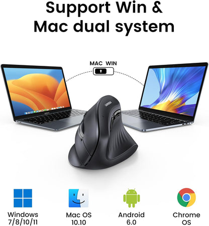 UGREEN Vertical Wireless (Bluetooth 5.0+2.4G) Ergonomic Mouse with 5 Buttons, 1000/1600/2000/4000 DPI, Prevention of Mouse Arm, Vertical Mouse Compatible with PC/Laptop/Tablet, Black